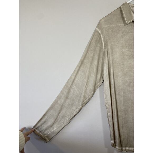 Ploumanac'h Women's XL Beige Long Sleeve Collared Popover Top Distressed Blouse - Picture 2 of 7
